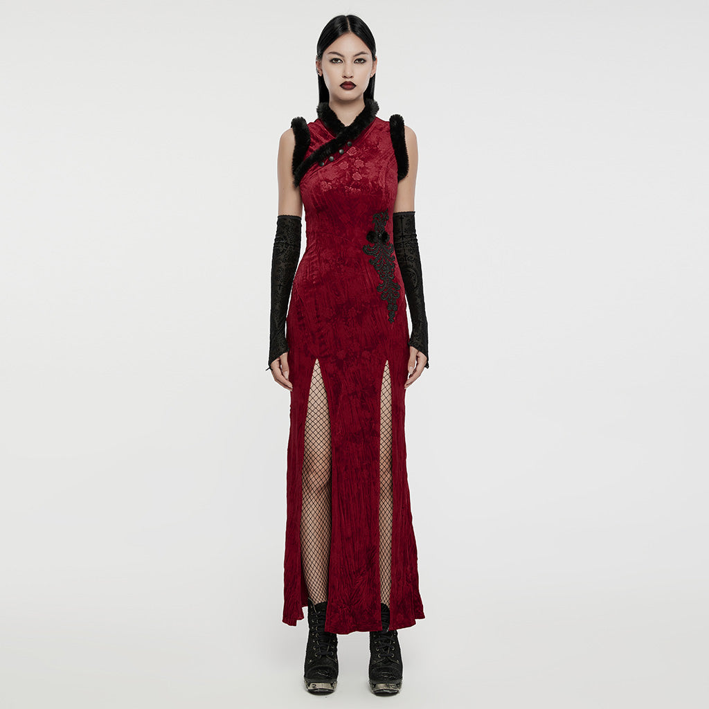 WQ-756LQF Velvet Gothic Dress with Lace Details and High Slit?-??Punk Rave Clothing
