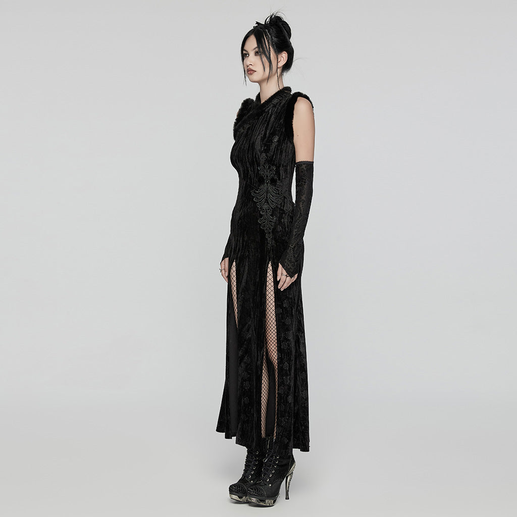 WQ-756LQF Velvet Gothic Dress with Lace Details and High Slit?-??Punk Rave Clothing