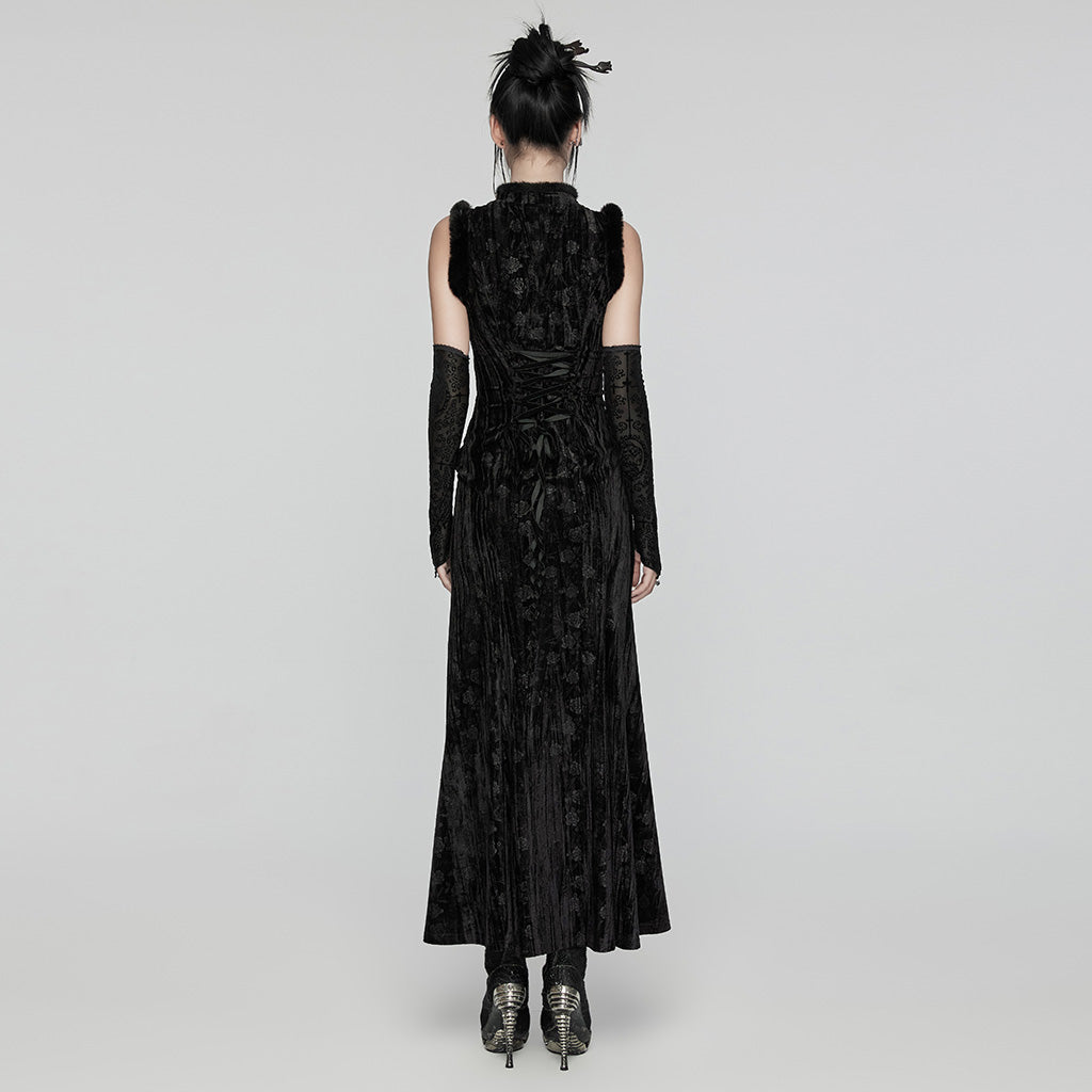 WQ-756LQF Velvet Gothic Dress with Lace Details and High Slit?-??Punk Rave Clothing