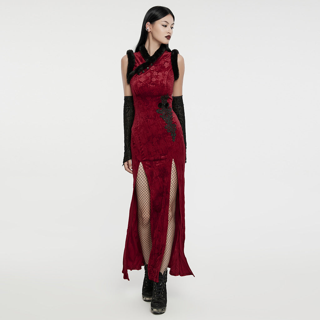 WQ-756LQF Velvet Gothic Dress with Lace Details and High Slit?-??Punk Rave Clothing
