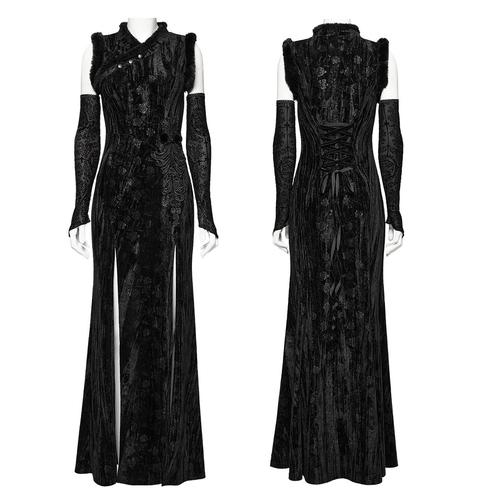 WQ-756LQF Velvet Gothic Dress with Lace Details and High Slit?-??Punk Rave Clothing