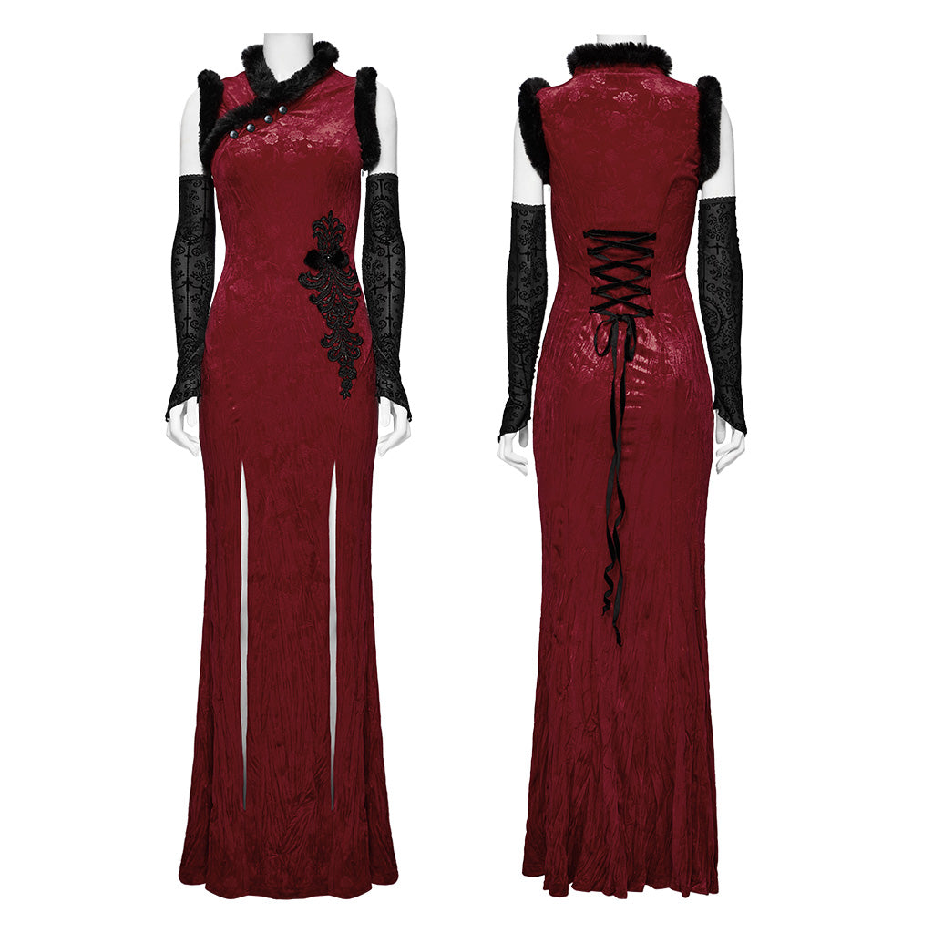 WQ-756LQF Velvet Gothic Dress with Lace Details and High Slit?-??Punk Rave Clothing