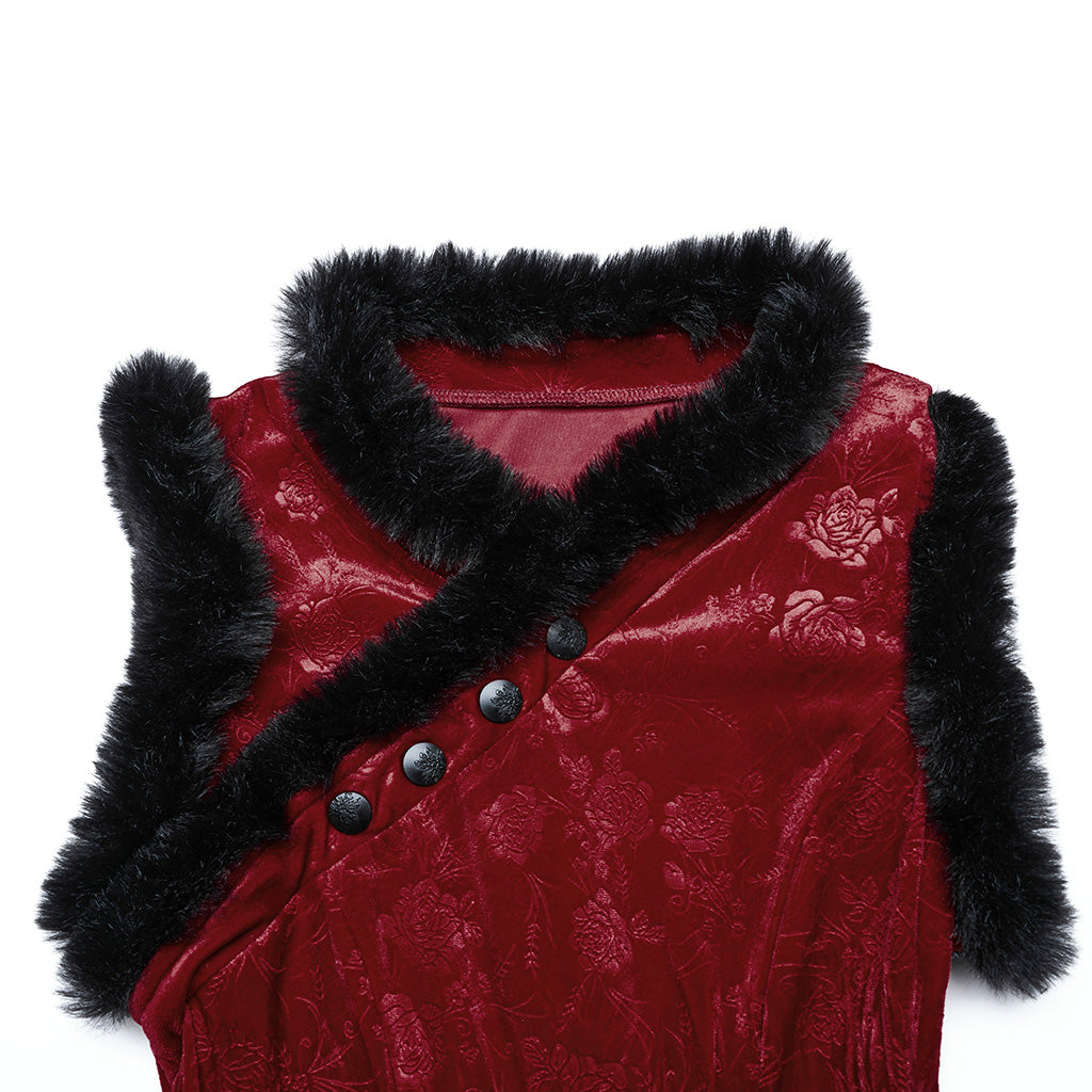 WQ-756LQF Velvet Gothic Dress with Lace Details and High Slit?-??Punk Rave Clothing