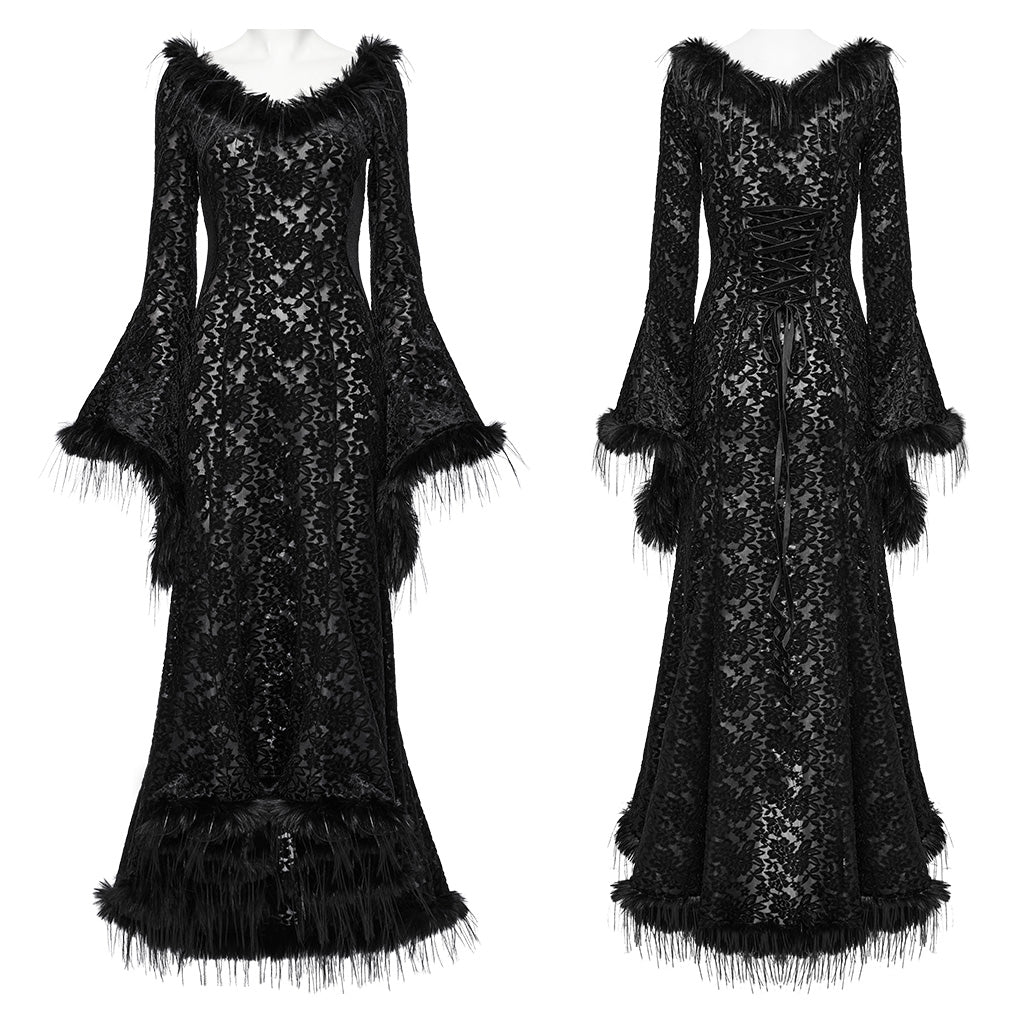 WQ-760LQF Gothic Lace Flare Sleeve Black Dress Dark Elegance?-??Punk Rave Clothing
