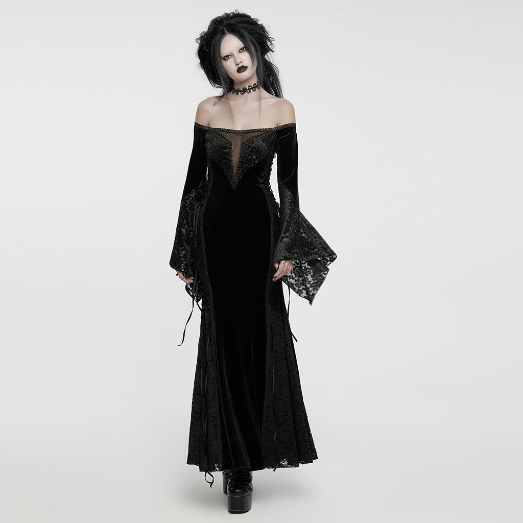 WQ-761LQF Velvet Lace Trim Gothic Off-Shoulder Long Black Dress?-??Punk Rave Clothing