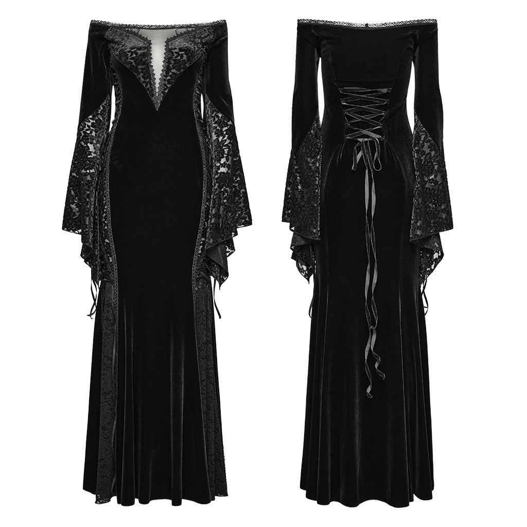 WQ-761LQF Velvet Lace Trim Gothic Off-Shoulder Long Black Dress?-??Punk Rave Clothing