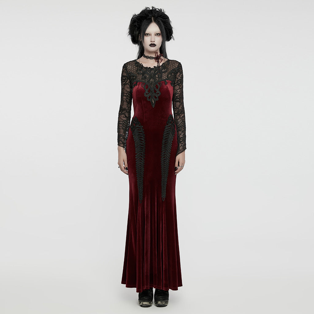 WQ-763LQF Elegant Gothic Velvet Dress with Lace Sleeves and Corset Back