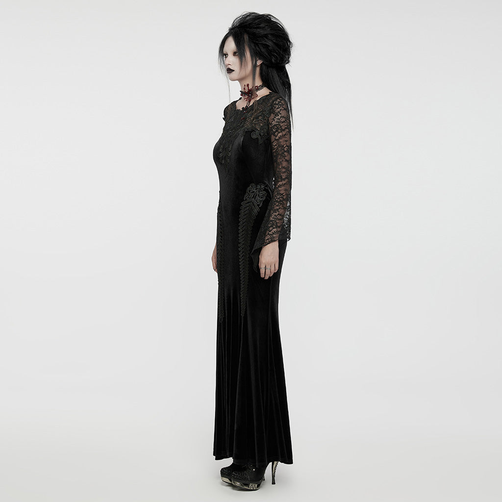 WQ-763LQF Elegant Gothic Velvet Dress with Lace Sleeves and Corset Back