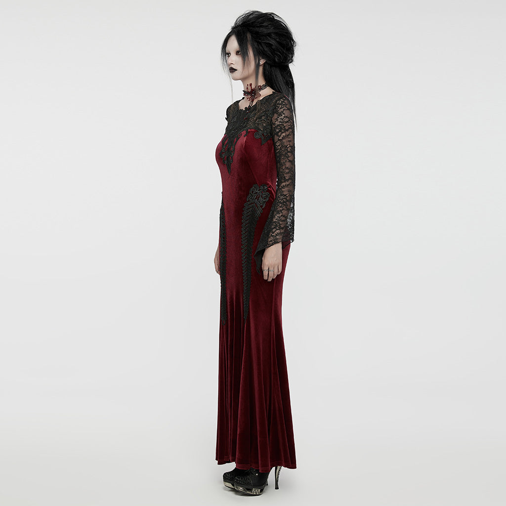 WQ-763LQF Elegant Gothic Velvet Dress with Lace Sleeves and Corset Back?-??Punk Rave Clothing
