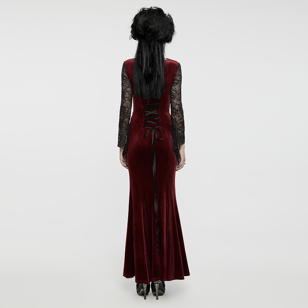 WQ-763LQF Elegant Gothic Velvet Dress with Lace Sleeves and Corset Back