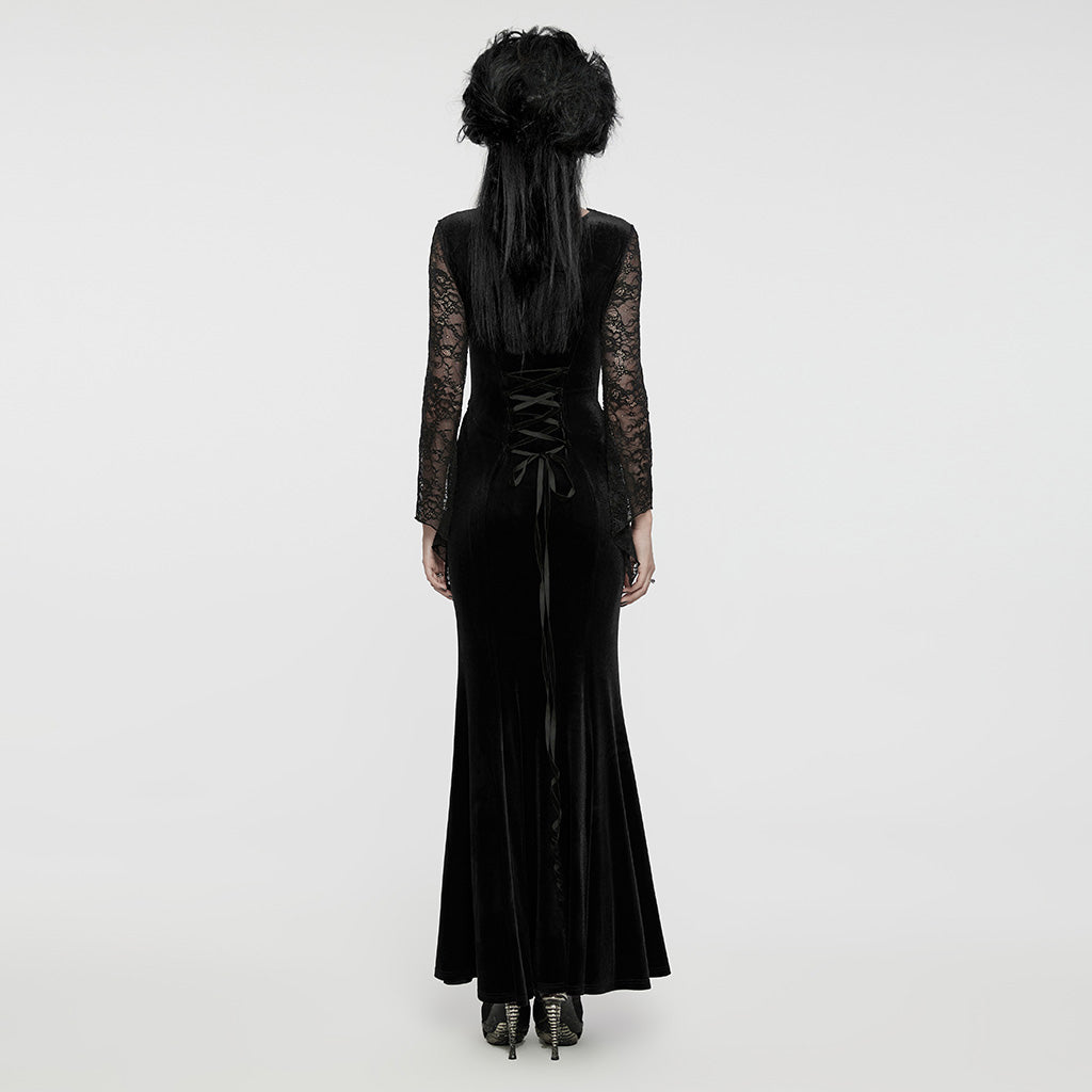 WQ-763LQF Elegant Gothic Velvet Dress with Lace Sleeves and Corset Back