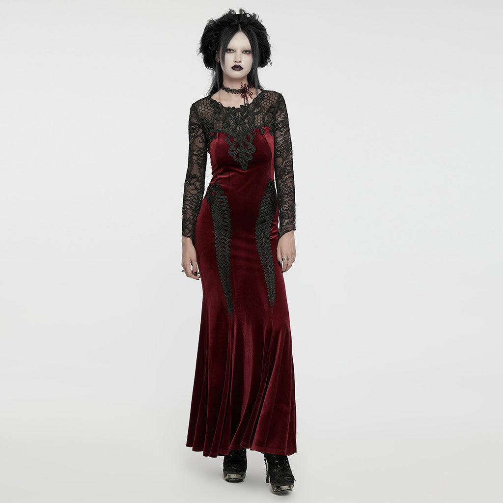 WQ-763LQF Elegant Gothic Velvet Dress with Lace Sleeves and Corset Back?-??Punk Rave Clothing