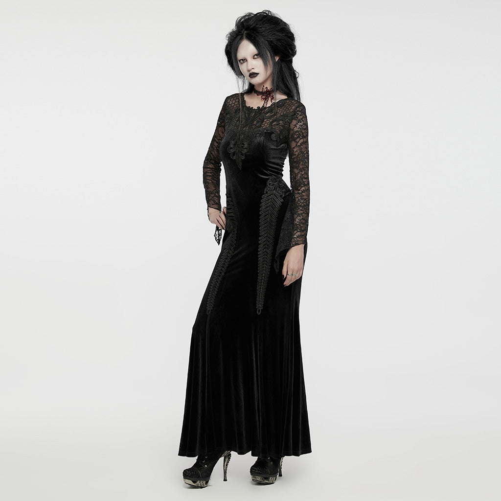 WQ-763LQF Elegant Gothic Velvet Dress with Lace Sleeves and Corset Back?-??Punk Rave Clothing