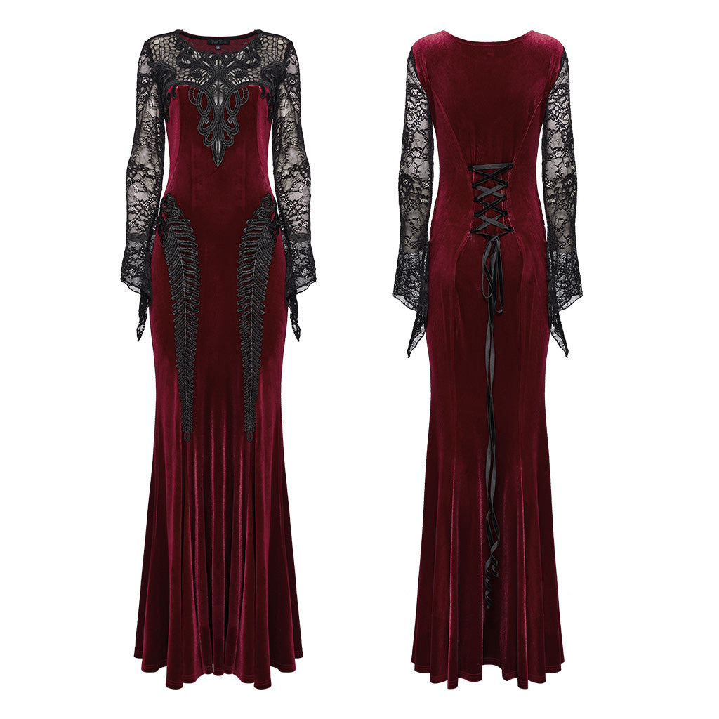 WQ-763LQF Elegant Gothic Velvet Dress with Lace Sleeves and Corset Back