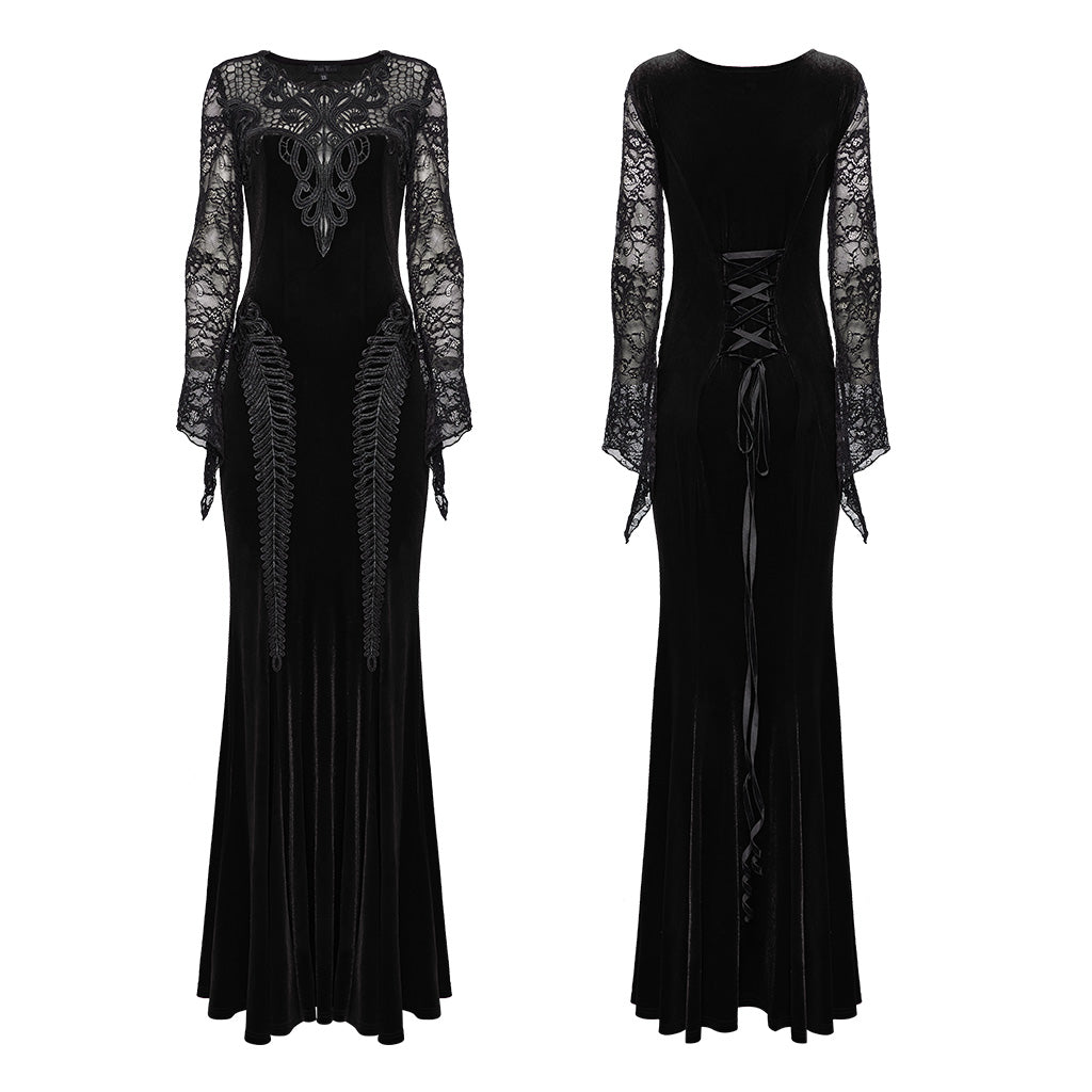 WQ-763LQF Elegant Gothic Velvet Dress with Lace Sleeves and Corset Back?-??Punk Rave Clothing