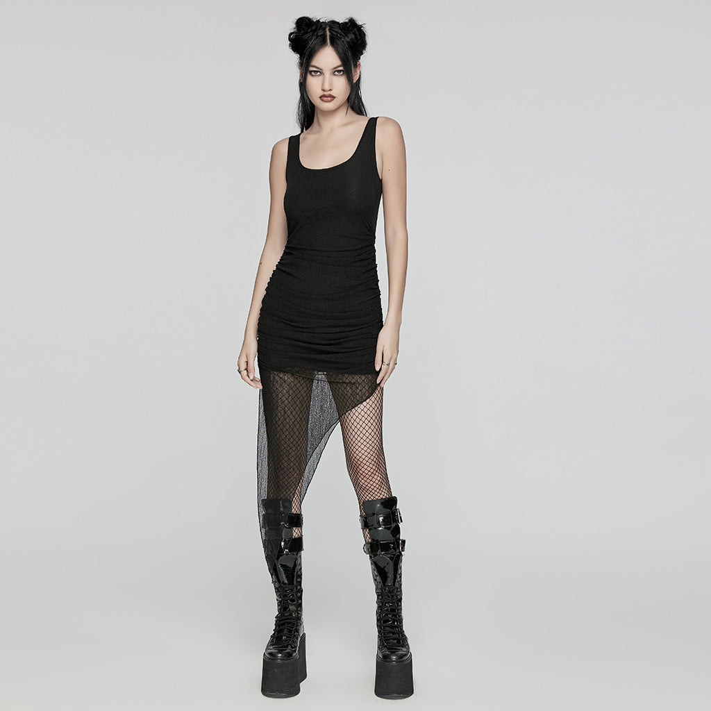 WQ-768LQF Edgy Two-Piece Hooded Mesh Black Punk Dress?-??Punk Rave Clothing