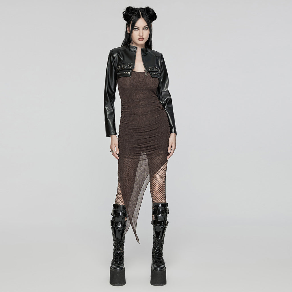 WQ-768LQF Edgy Two-Piece Hooded Mesh Black Punk Dress?-??Punk Rave Clothing
