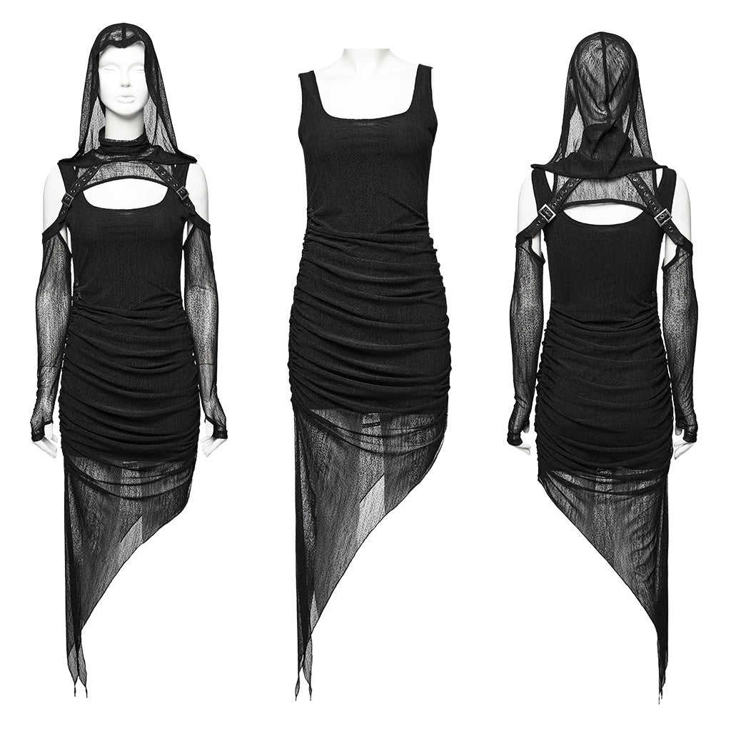 WQ-768LQF Edgy Two-Piece Hooded Mesh Black Punk Dress?-??Punk Rave Clothing
