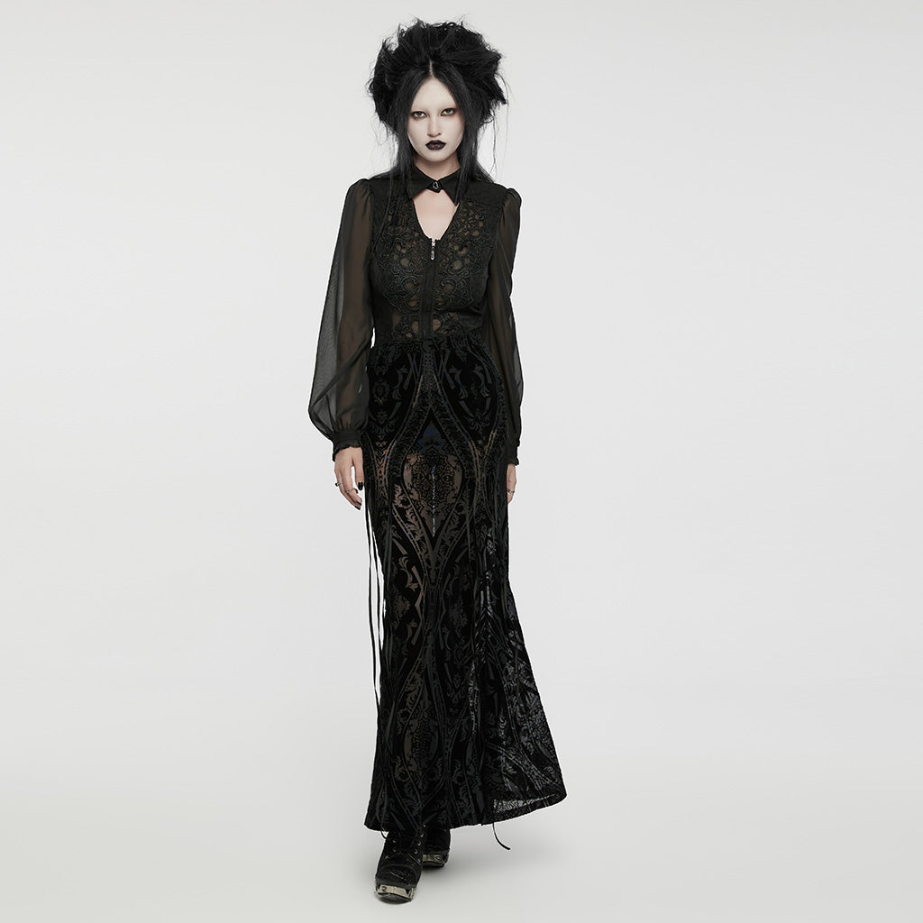 WQ-769BQF Elegant black Velvet Embroidered Gothic Maxi Skirt