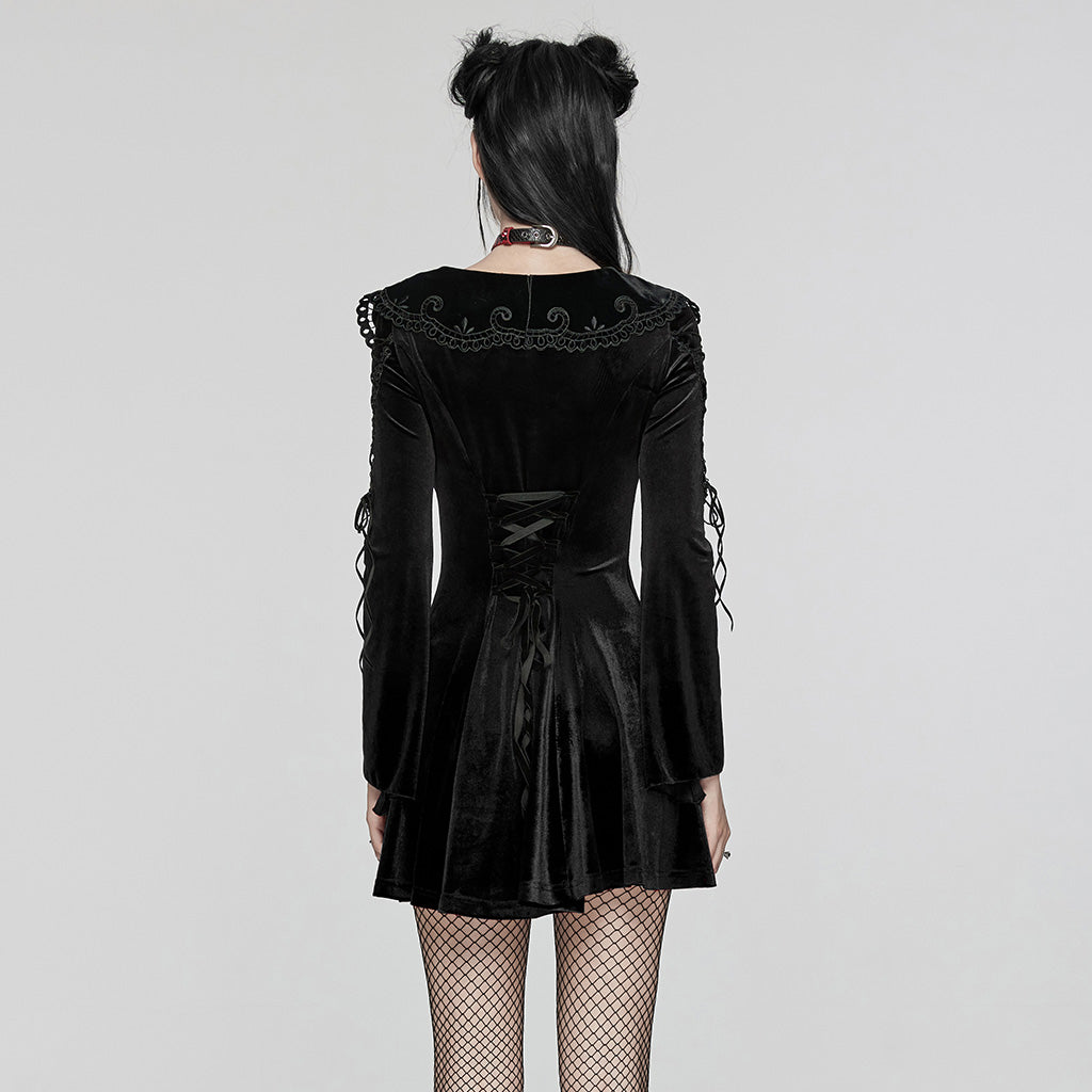 WQ-770LQF Velvet Gothic Dress with Lace Embellishments and Lace-up Back?-??Punk Rave Clothing