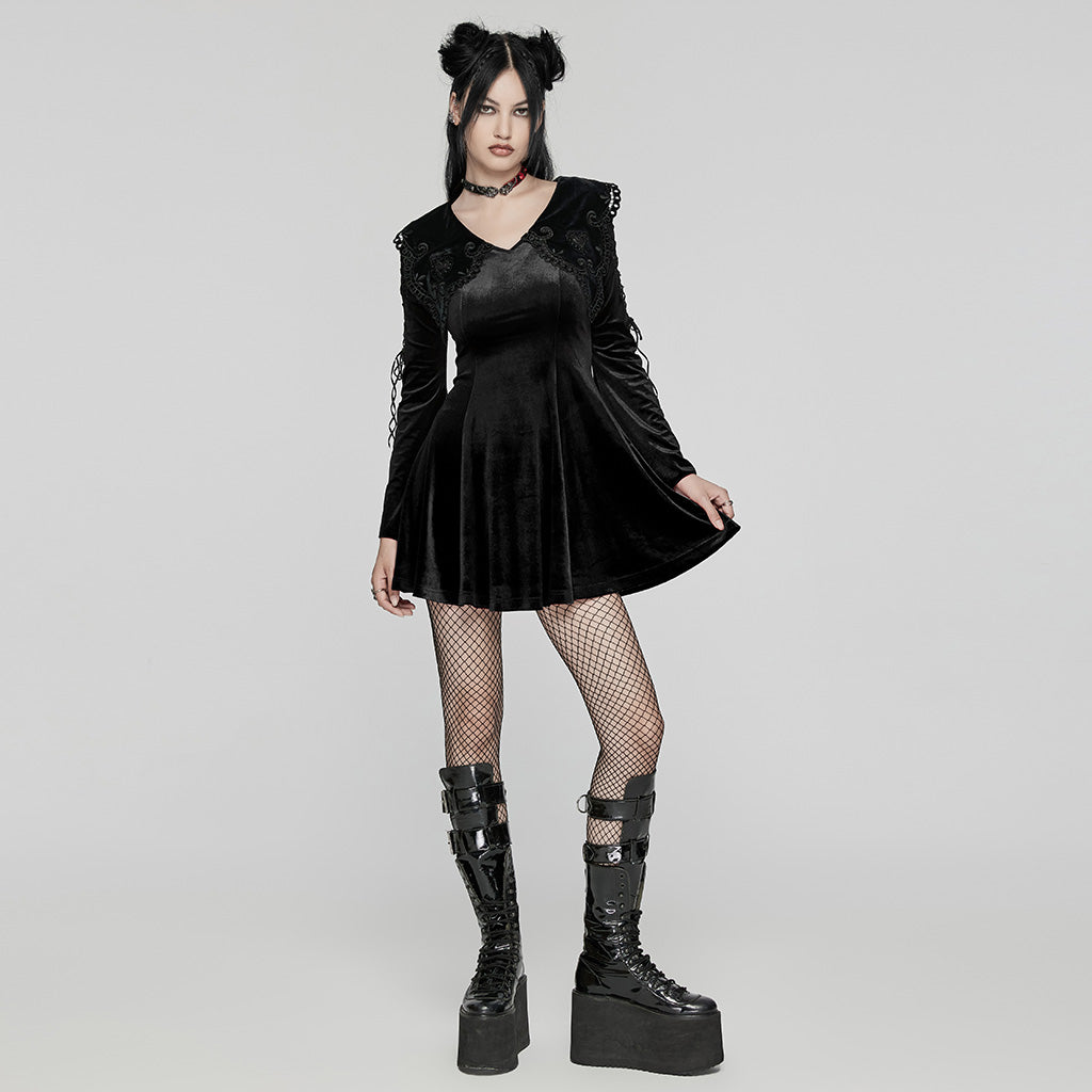 WQ-770LQF Velvet Gothic Dress with Lace Embellishments and Lace-up Back?-??Punk Rave Clothing