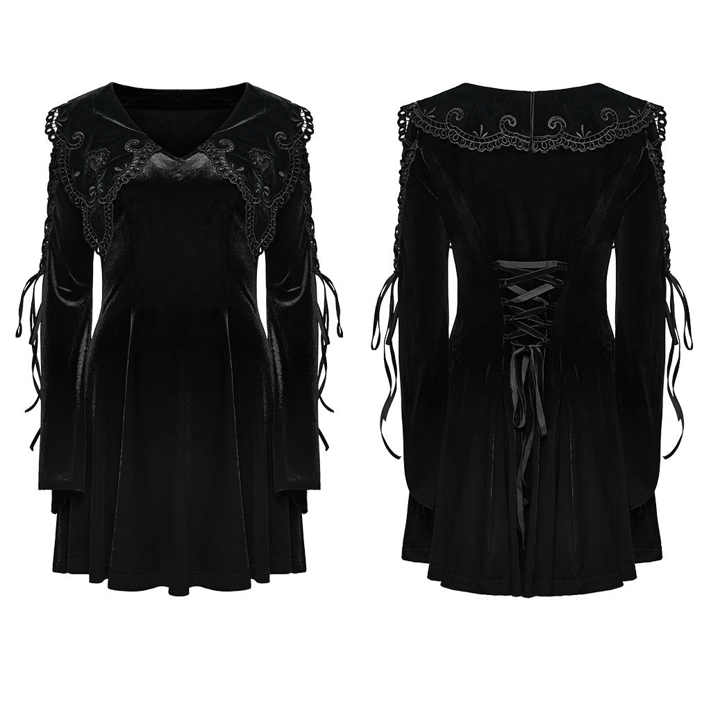 WQ-770LQF Velvet Gothic Dress with Lace Embellishments and Lace-up Back?-??Punk Rave Clothing