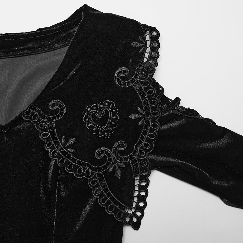 WQ-770LQF Velvet Gothic Dress with Lace Embellishments and Lace-up Back?-??Punk Rave Clothing