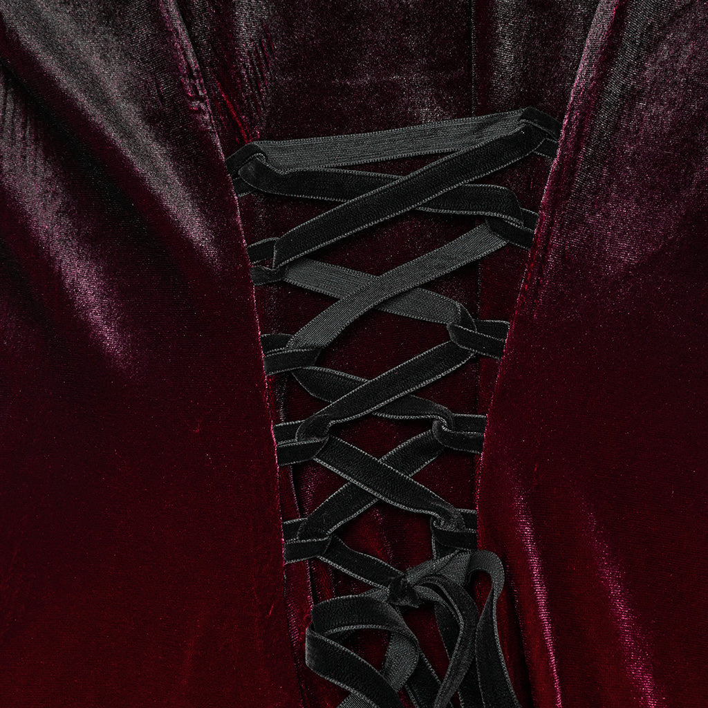 WQ-770LQF Velvet Gothic Dress with Lace Embellishments and Lace-up Back?-??Punk Rave Clothing