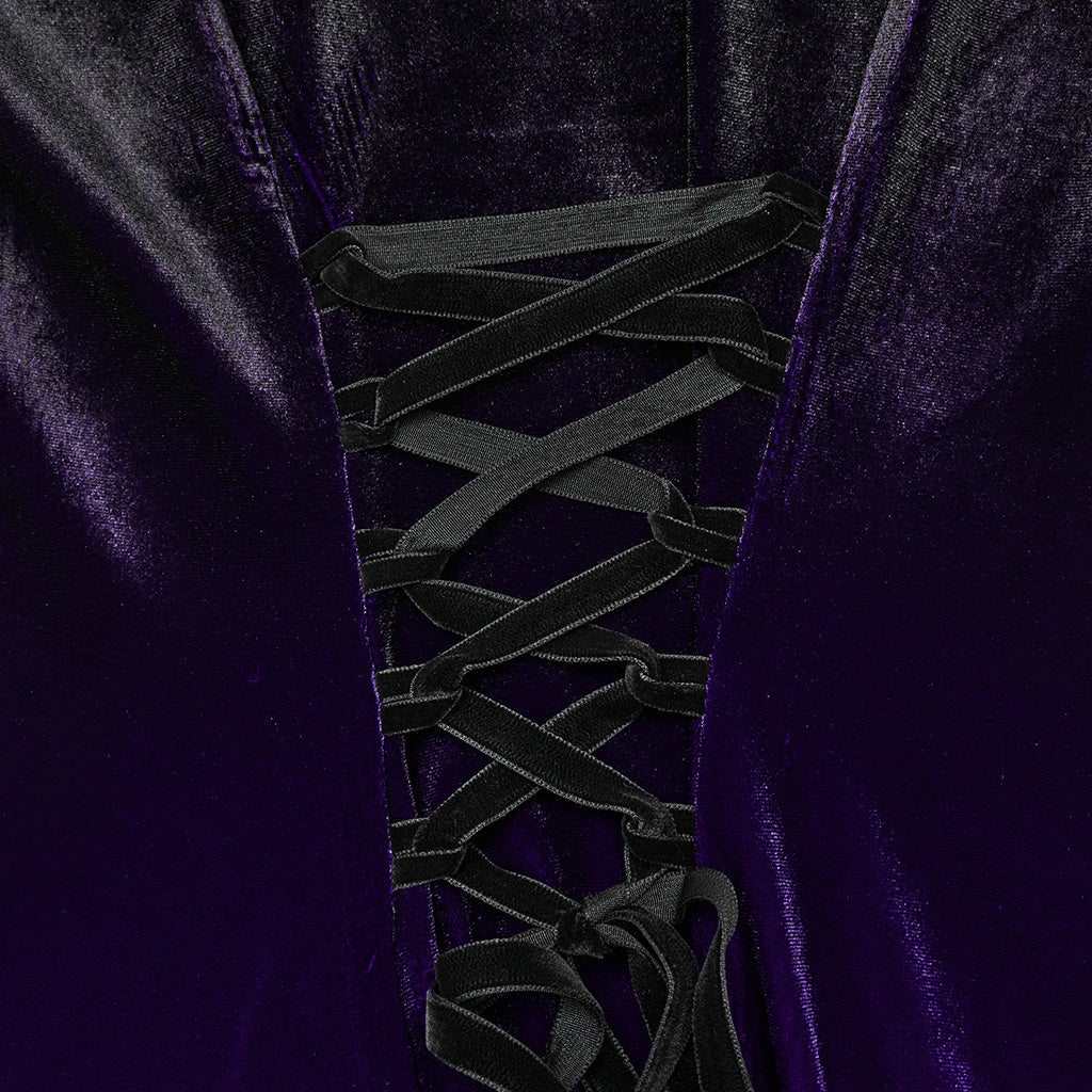 WQ-770LQF Velvet Gothic Dress with Lace Embellishments and Lace-up Back?-??Punk Rave Clothing