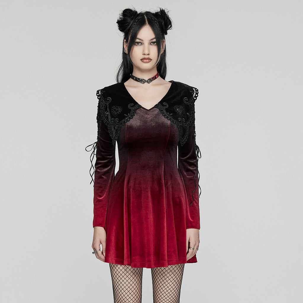 WQ-770LQF Velvet Gothic Dress with Lace Embellishments and Lace-up Back?-??Punk Rave Clothing