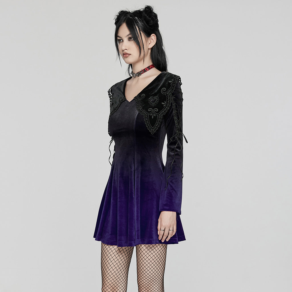 WQ-770LQF Velvet Gothic Dress with Lace Embellishments and Lace-up Back?-??Punk Rave Clothing