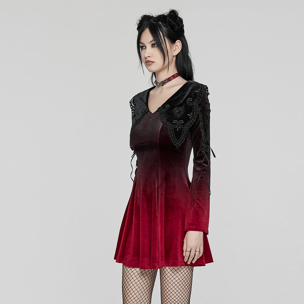 WQ-770LQF Velvet Gothic Dress with Lace Embellishments and Lace-up Back?-??Punk Rave Clothing