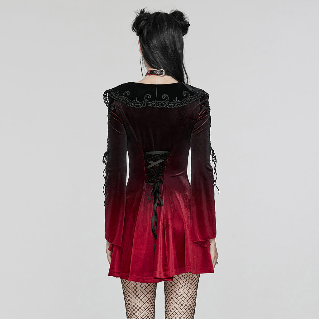 WQ-770LQF Velvet Gothic Dress with Lace Embellishments and Lace-up Back?-??Punk Rave Clothing
