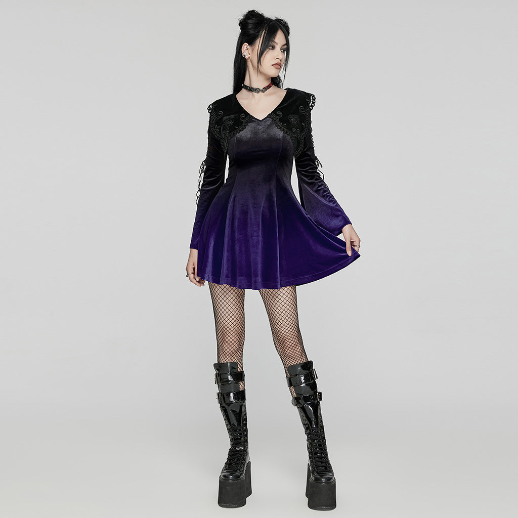 WQ-770LQF Velvet Gothic Dress with Lace Embellishments and Lace-up Back?-??Punk Rave Clothing