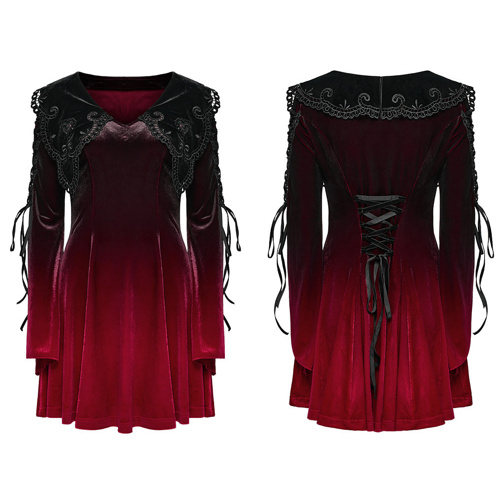 WQ-770LQF Velvet Gothic Dress with Lace Embellishments and Lace-up Back?-??Punk Rave Clothing