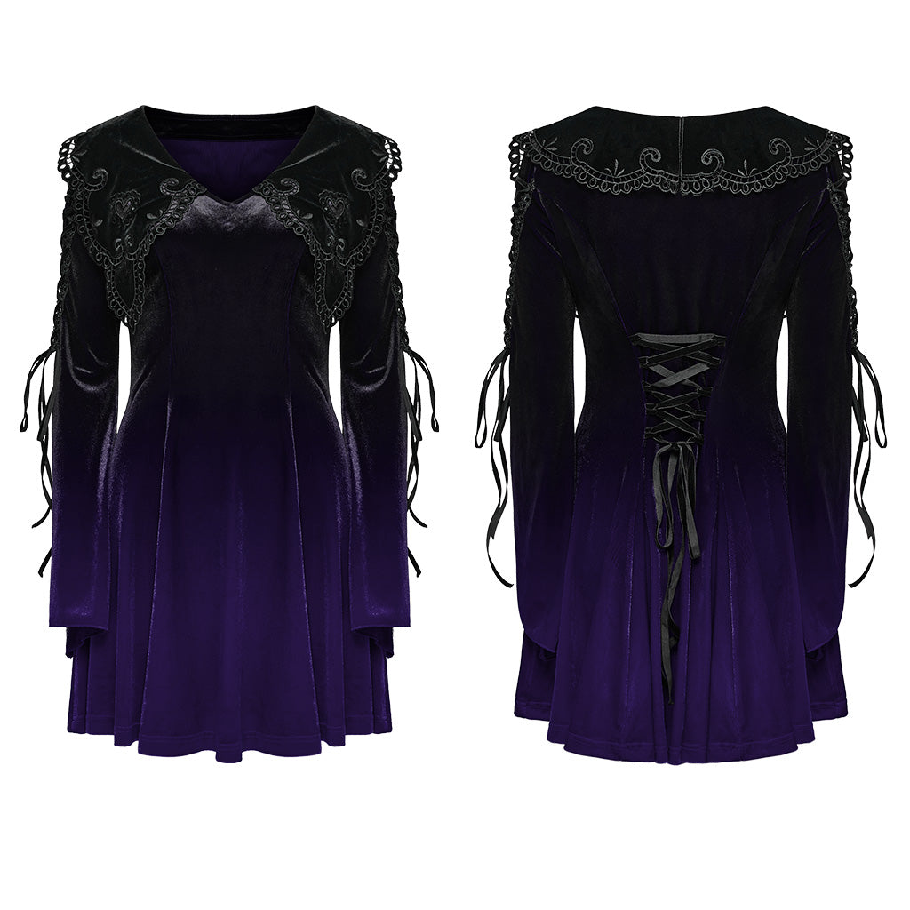 WQ-770LQF Velvet Gothic Dress with Lace Embellishments and Lace-up Back?-??Punk Rave Clothing