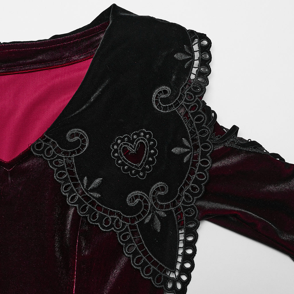 WQ-770LQF Velvet Gothic Dress with Lace Embellishments and Lace-up Back?-??Punk Rave Clothing