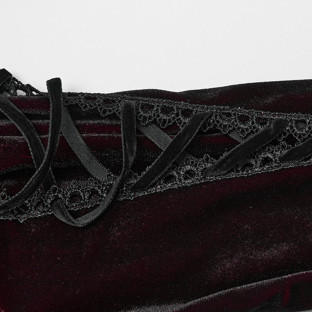 WQ-770LQF Velvet Gothic Dress with Lace Embellishments and Lace-up Back?-??Punk Rave Clothing
