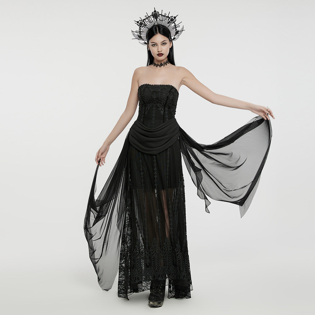 WQ-773LQF Gothic Dress Sheer Lace Embroidered Strapless Elegant Maxi Design?-??Punk Rave Clothing