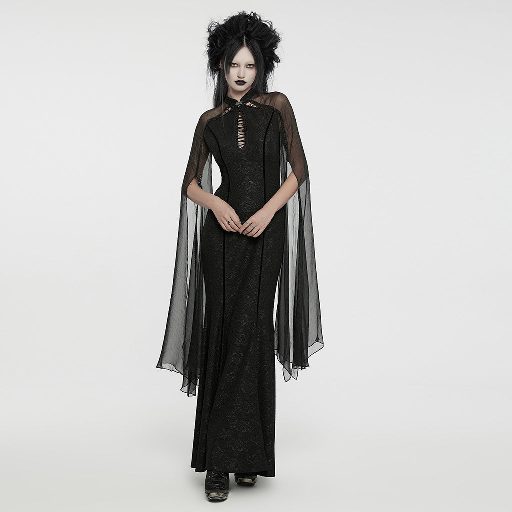 WQ-774LQF Ethereal Black Lace Gothic Dress with Chiffon Cape Sleeves?-??Punk Rave Clothing