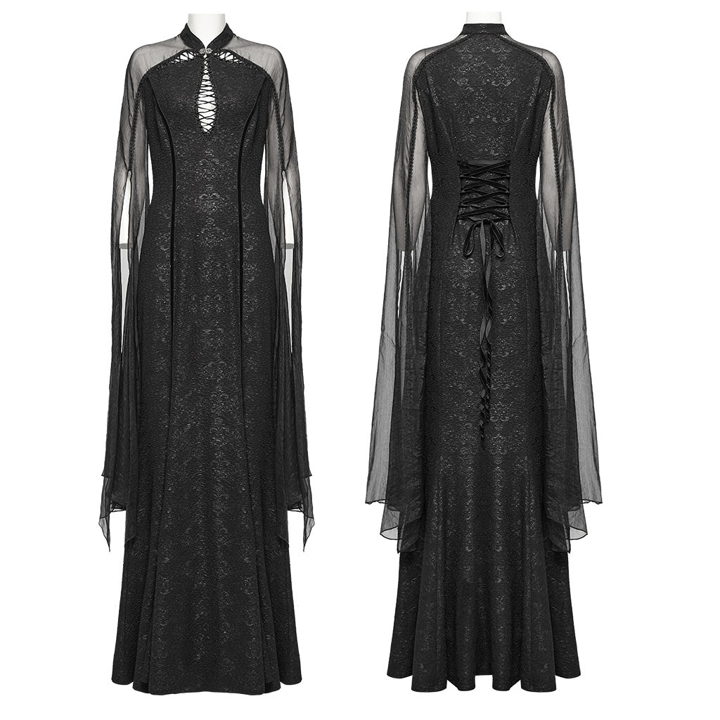 WQ-774LQF Ethereal Black Lace Gothic Dress with Chiffon Cape Sleeves?-??Punk Rave Clothing