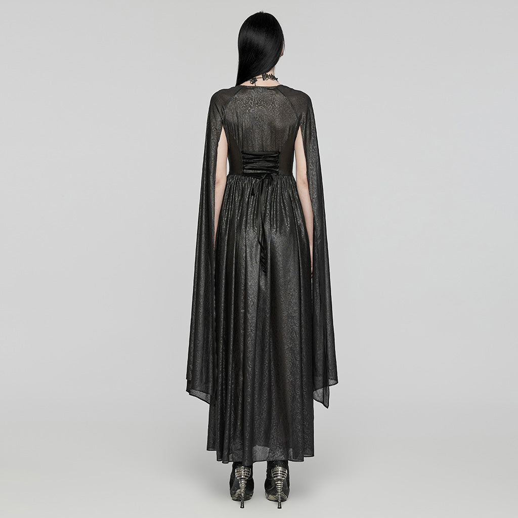 WQ-776LQF Elegant Long Gothic V-Neck Dress with Sheer Cape Details?-??Punk Rave Clothing