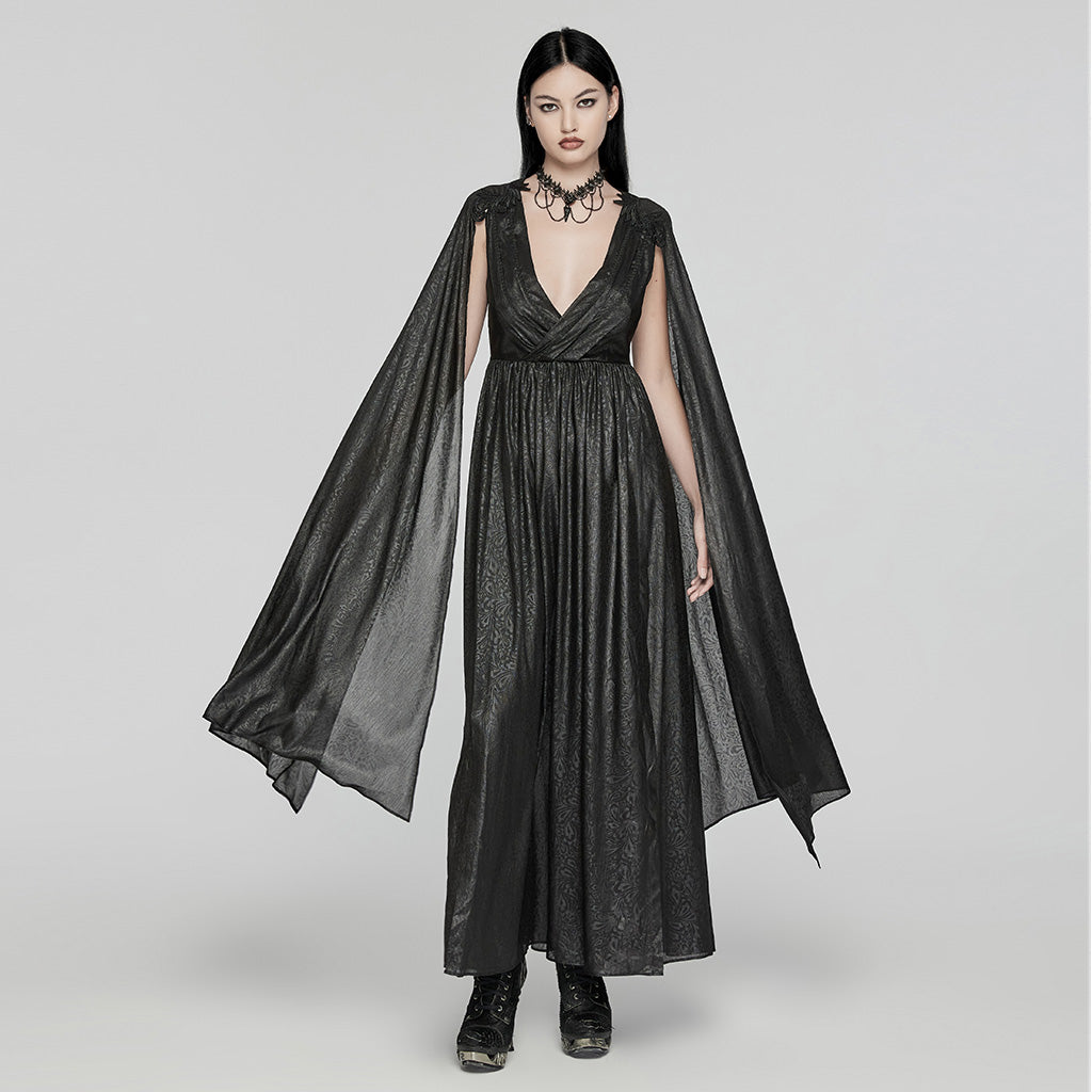 WQ-776LQF Elegant Long Gothic V-Neck Dress with Sheer Cape Details?-??Punk Rave Clothing