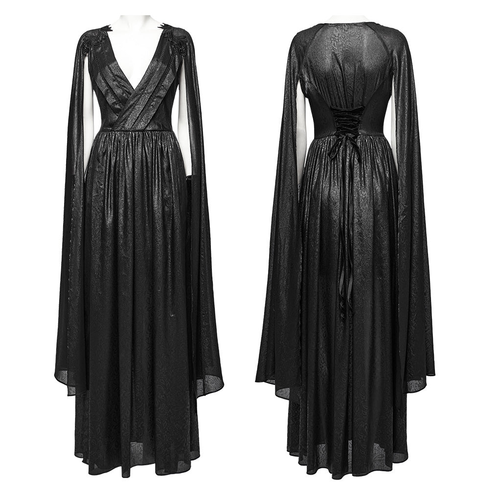 WQ-776LQF Elegant Long Gothic V-Neck Dress with Sheer Cape Details?-??Punk Rave Clothing
