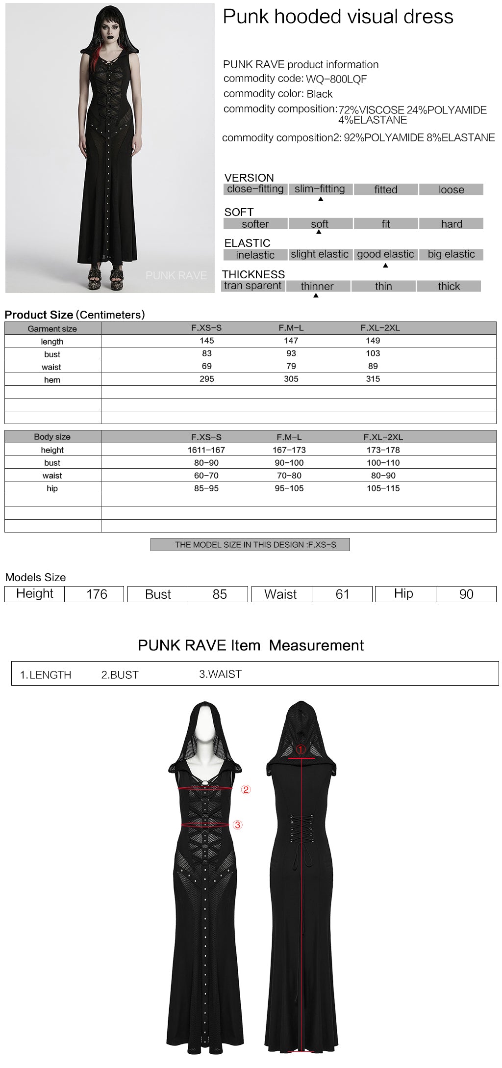 WQ-800LQF Gothic Black Mesh Studded Long Punk Dress