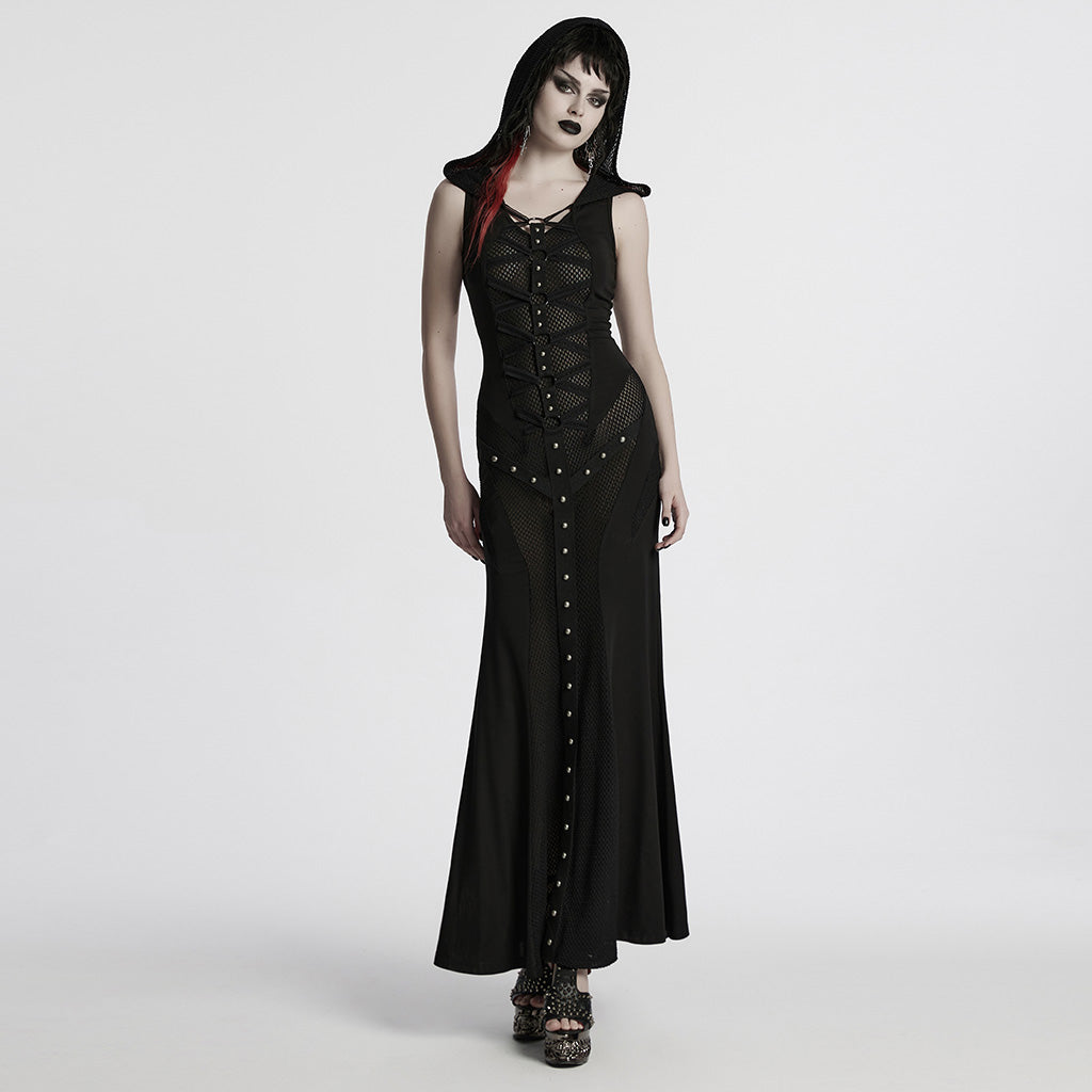 WQ-800LQF Gothic Black Mesh Studded Long Punk Dress