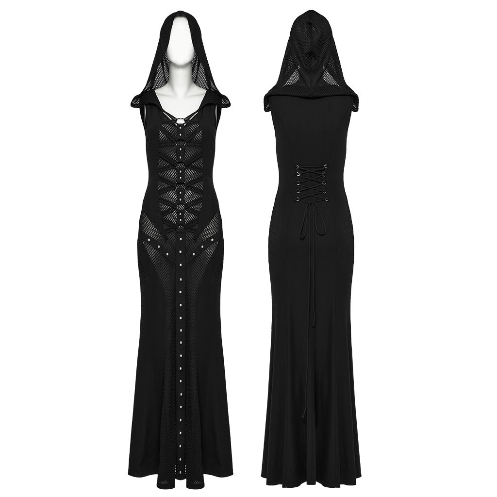 WQ-800LQF Gothic Black Mesh Studded Long Punk Dress