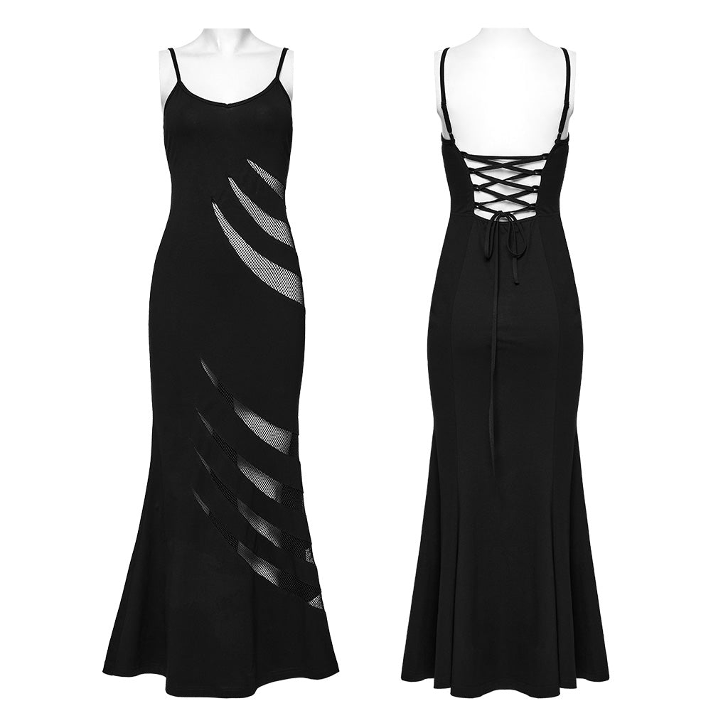 WQ-802LQF Edgy Slashed Strappy Punk Maxi Dress with Mesh Panels