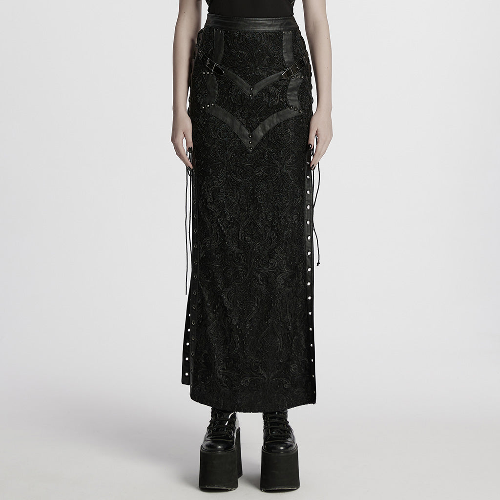 WQ-814BQF Gothic Skirt Black Lace Long Maxi Rivet Details