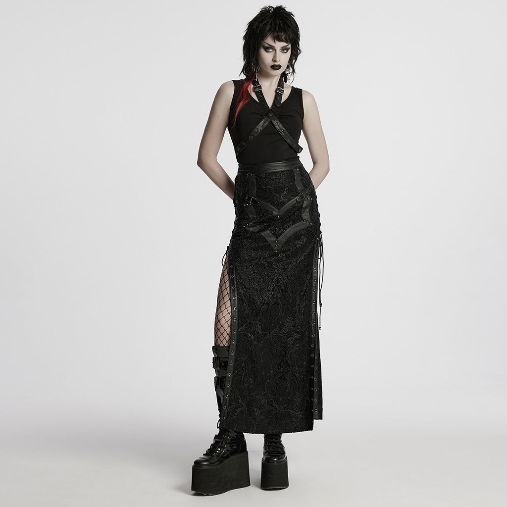 WQ-814BQF Gothic Skirt Black Lace Long Maxi Rivet Details
